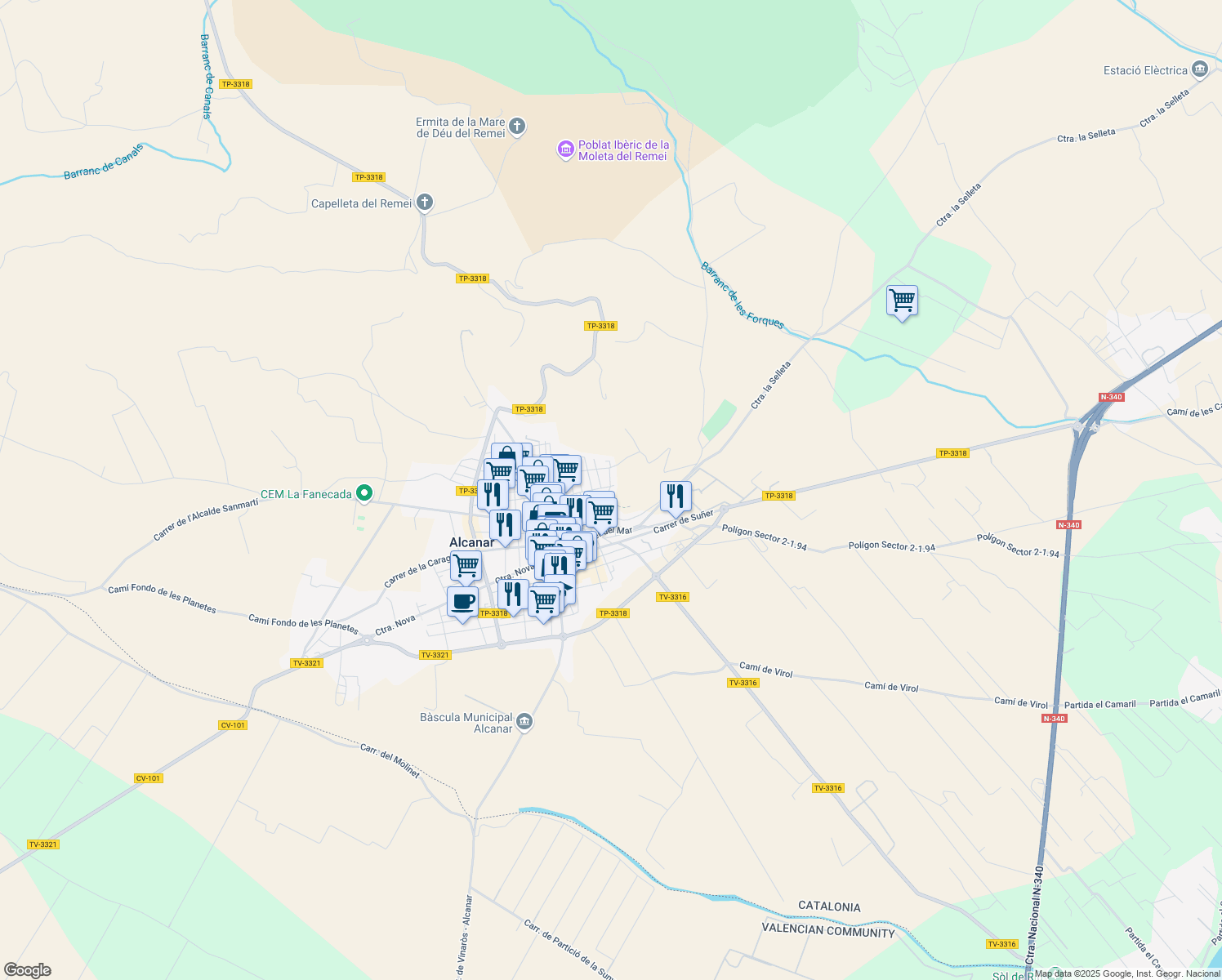 map of restaurants, bars, coffee shops, grocery stores, and more near 8 Carretera del Mirador in Alcanar