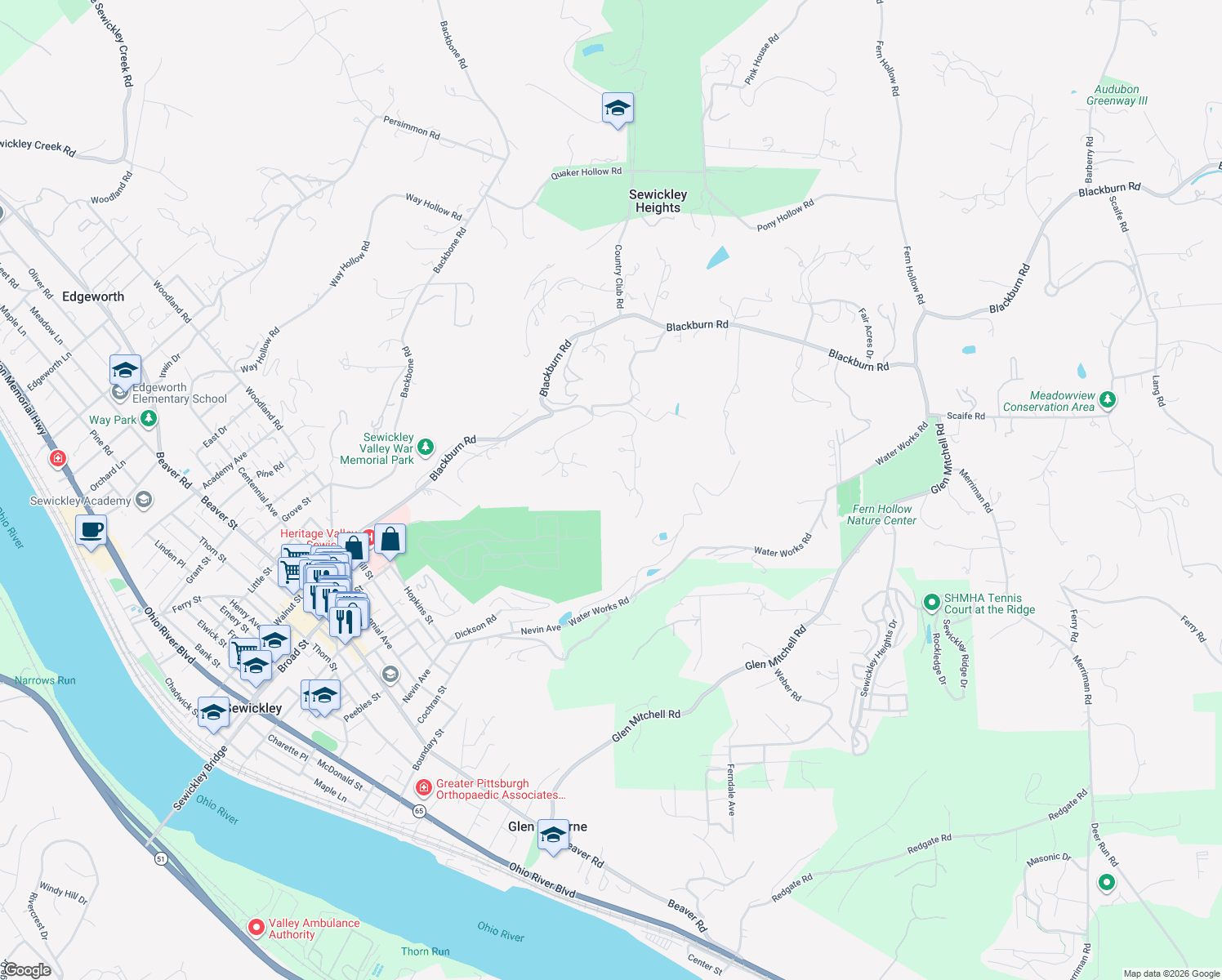 map of restaurants, bars, coffee shops, grocery stores, and more near 17 Thawmont Drive in Sewickley
