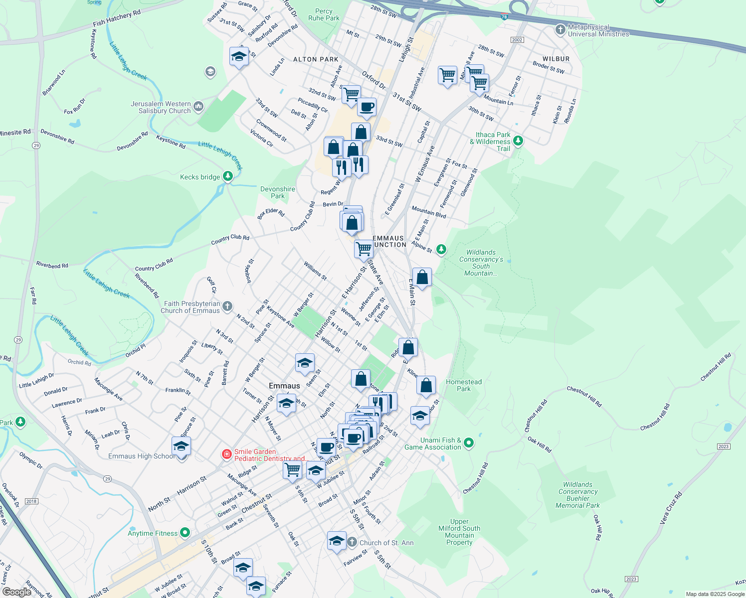 map of restaurants, bars, coffee shops, grocery stores, and more near 164 Jefferson St in Emmaus
