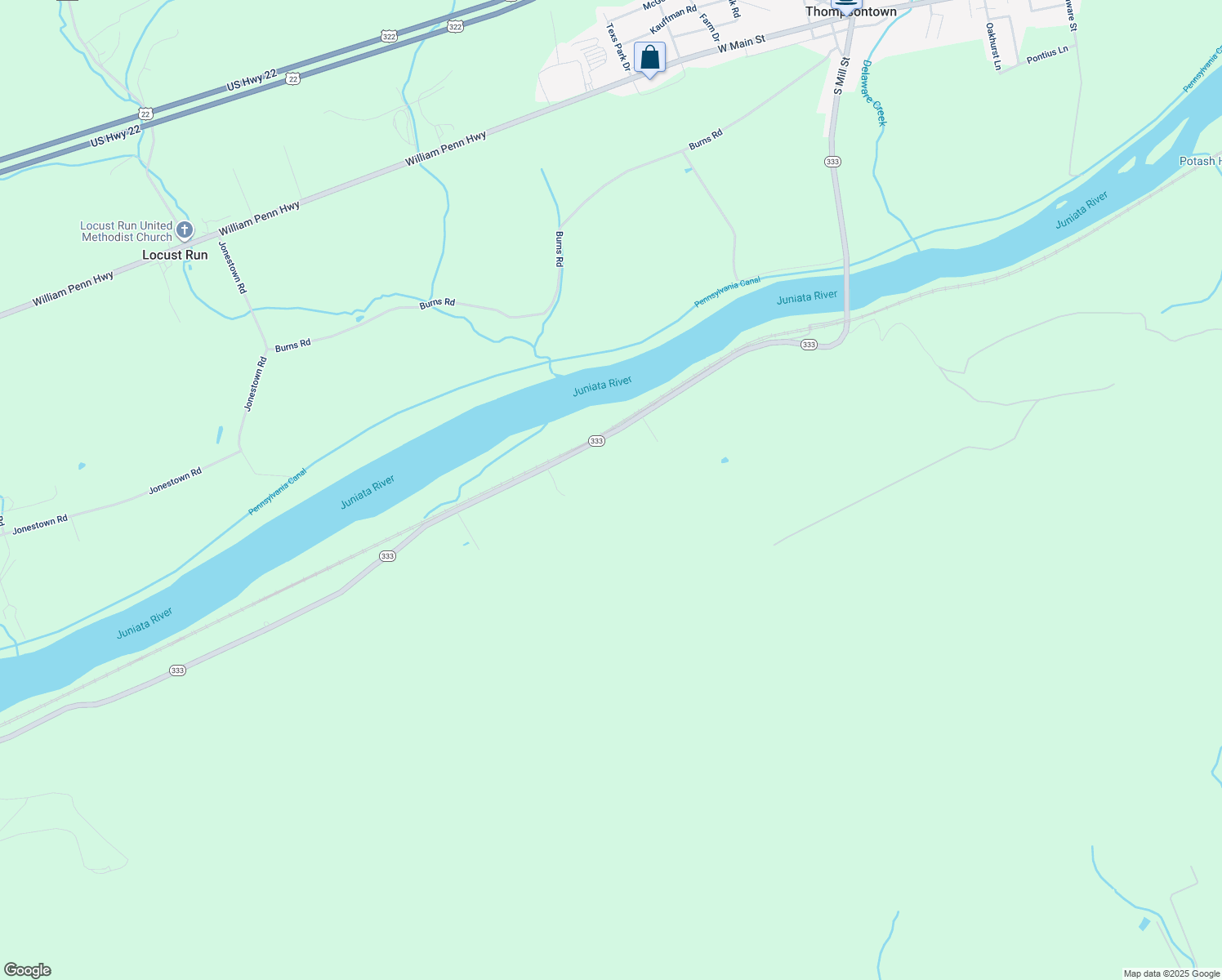 map of restaurants, bars, coffee shops, grocery stores, and more near 20550 Pennsylvania 333 in Thompsontown