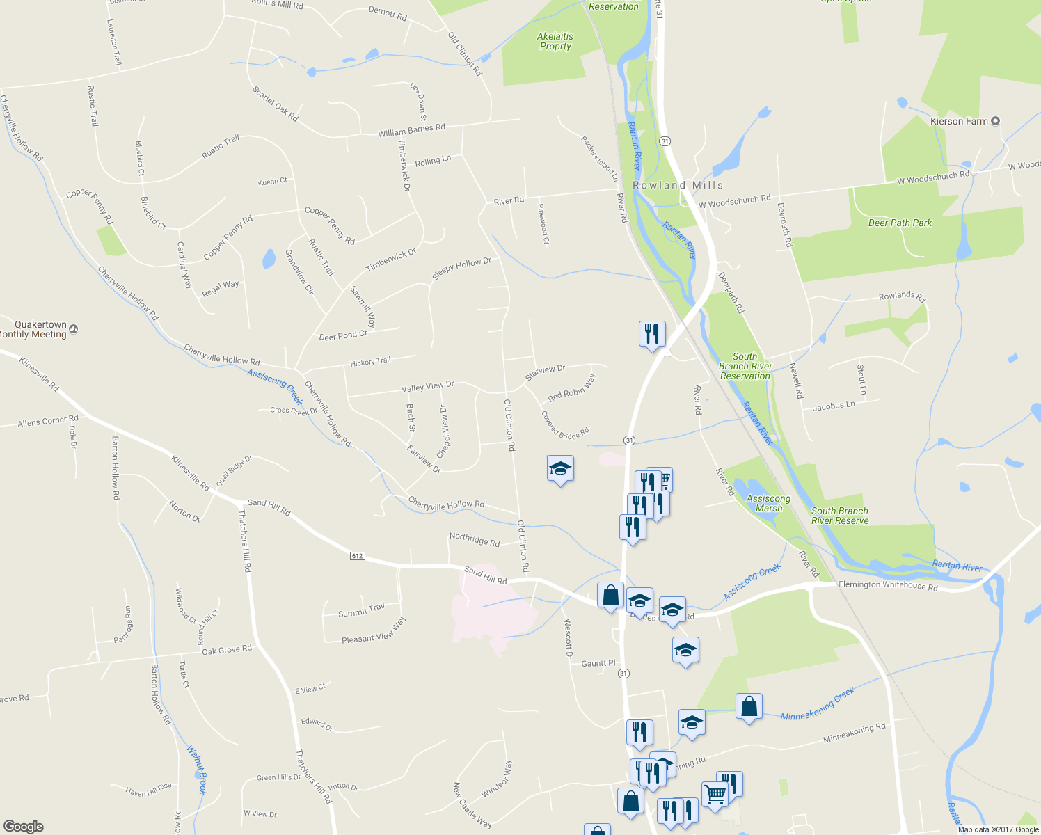 map of restaurants, bars, coffee shops, grocery stores, and more near 28 Old Clinton Road in Flemington