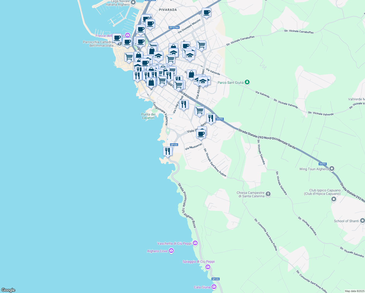 map of restaurants, bars, coffee shops, grocery stores, and more near 1 Via Carbia in Alghero
