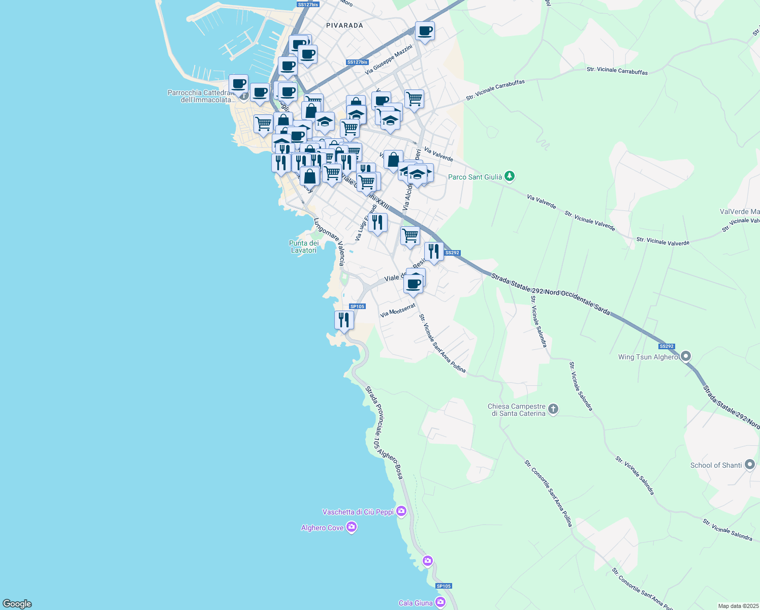 map of restaurants, bars, coffee shops, grocery stores, and more near 1 Via Carbia in Alghero