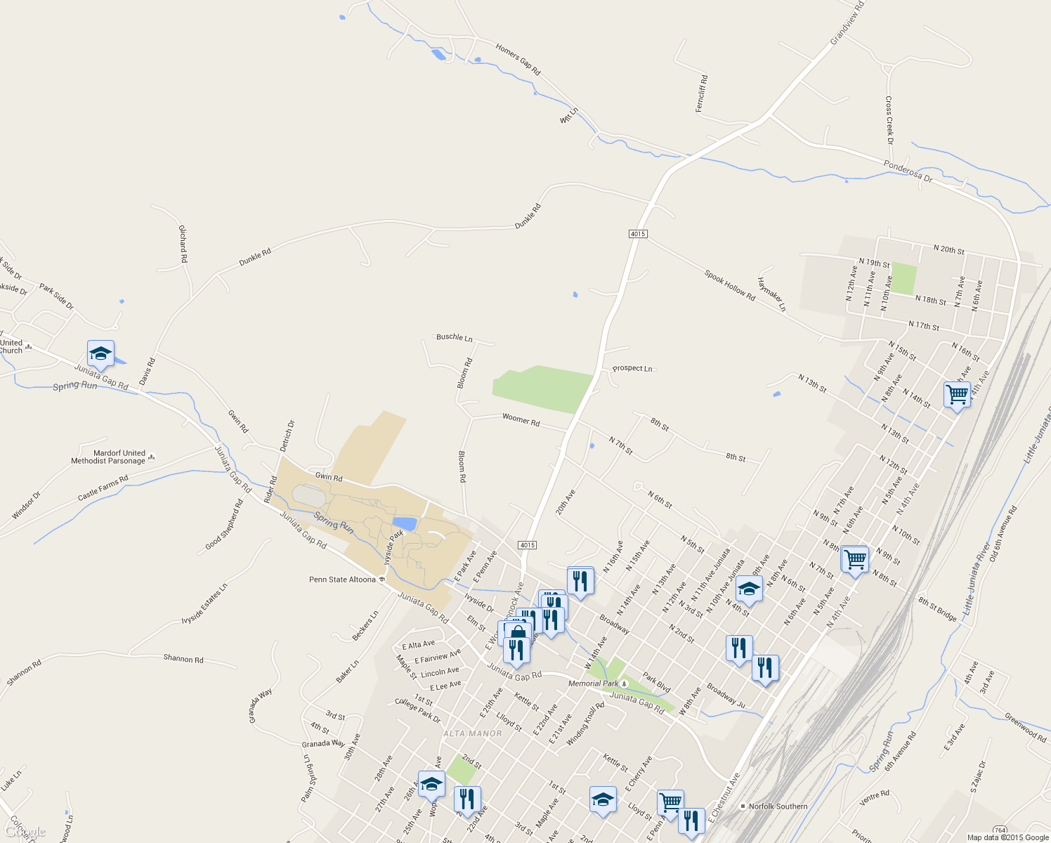 map of restaurants, bars, coffee shops, grocery stores, and more near Woomer Road in Altoona
