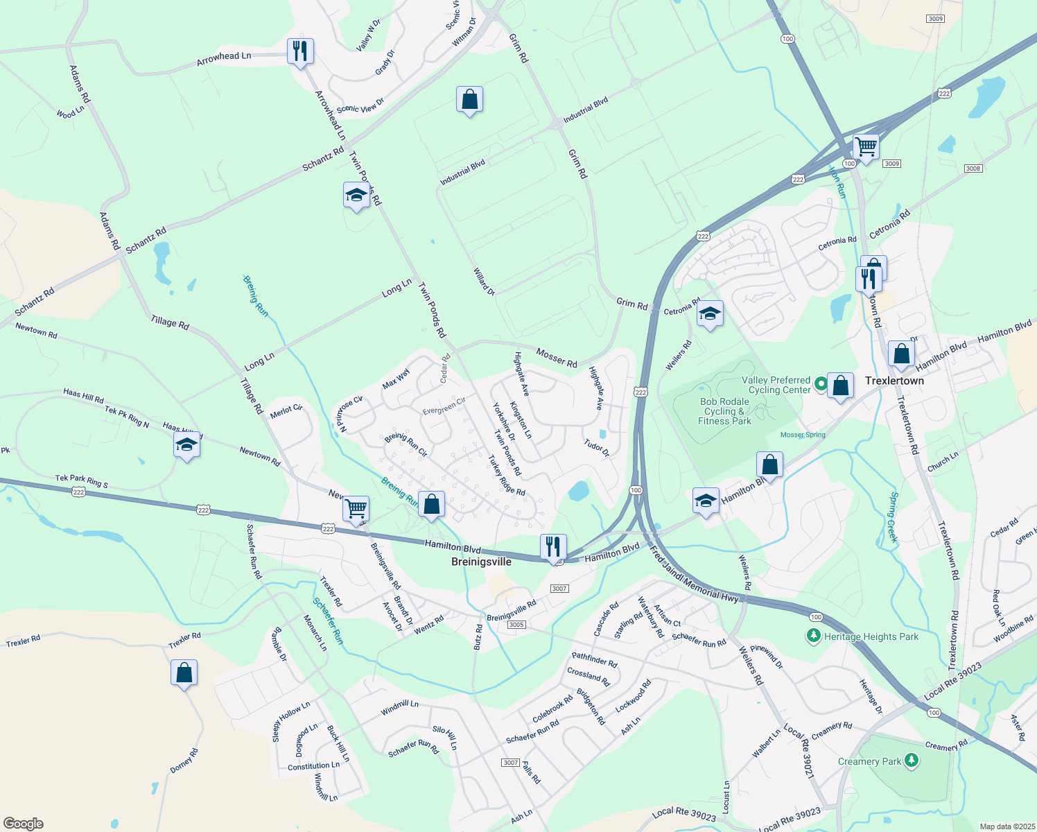 map of restaurants, bars, coffee shops, grocery stores, and more near 1076 Kingston Lane in Breinigsville