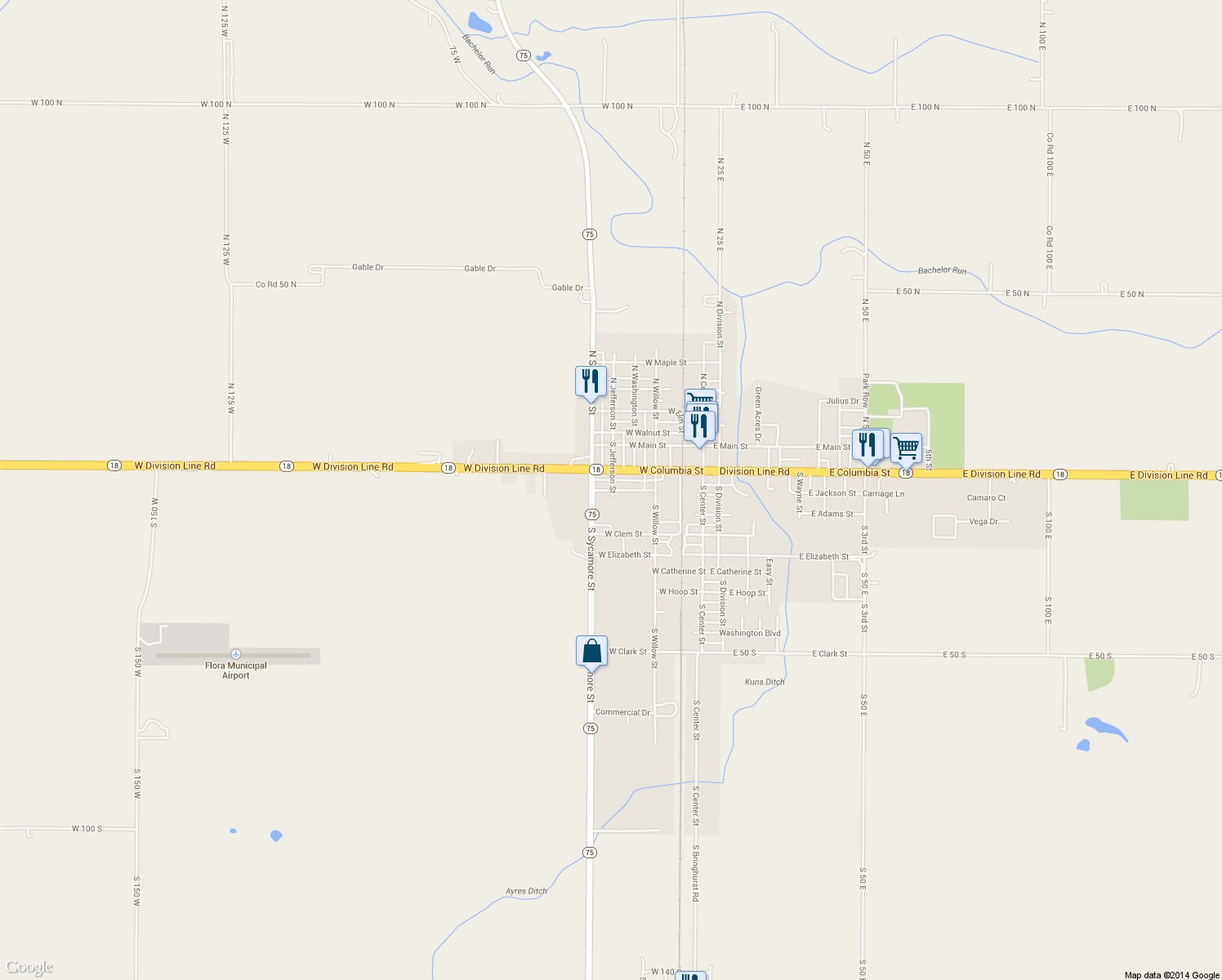 map of restaurants, bars, coffee shops, grocery stores, and more near 407 West Capitol Street in Flora