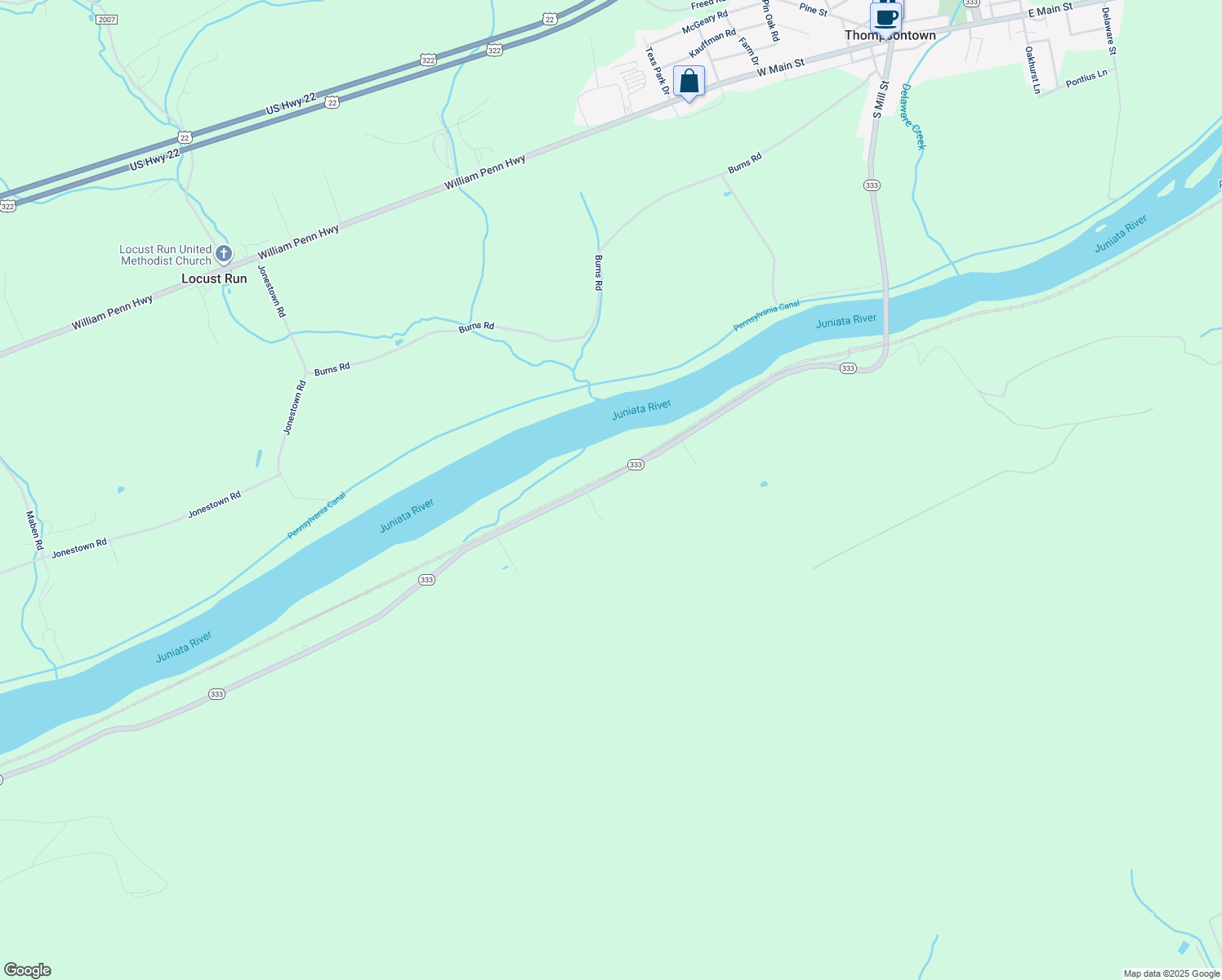 map of restaurants, bars, coffee shops, grocery stores, and more near 20550 Pennsylvania 333 in Thompsontown