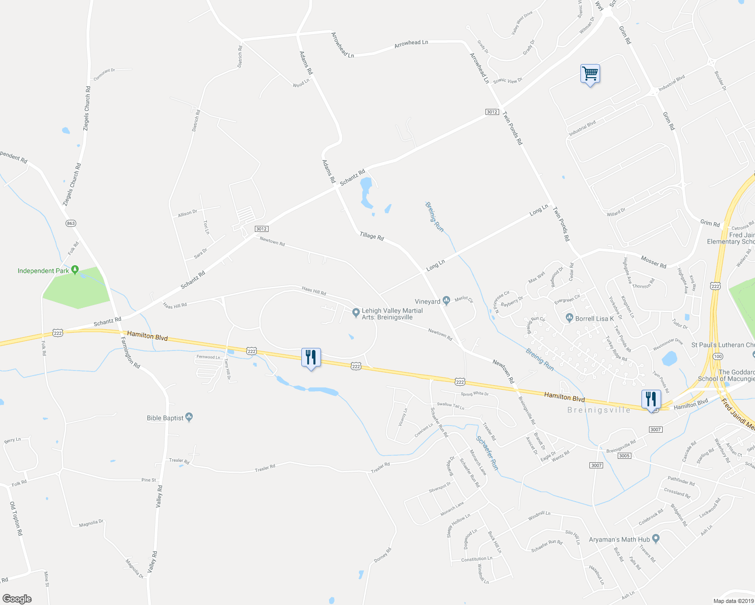 map of restaurants, bars, coffee shops, grocery stores, and more near 9620 Newtown Road in Breinigsville
