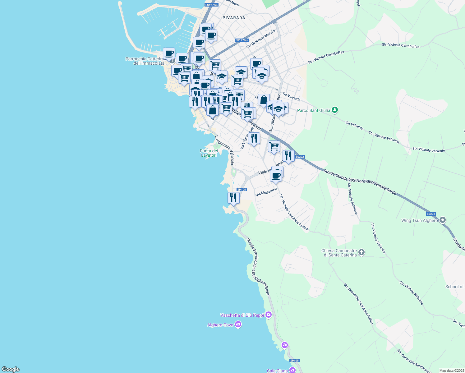 map of restaurants, bars, coffee shops, grocery stores, and more near in Alghero