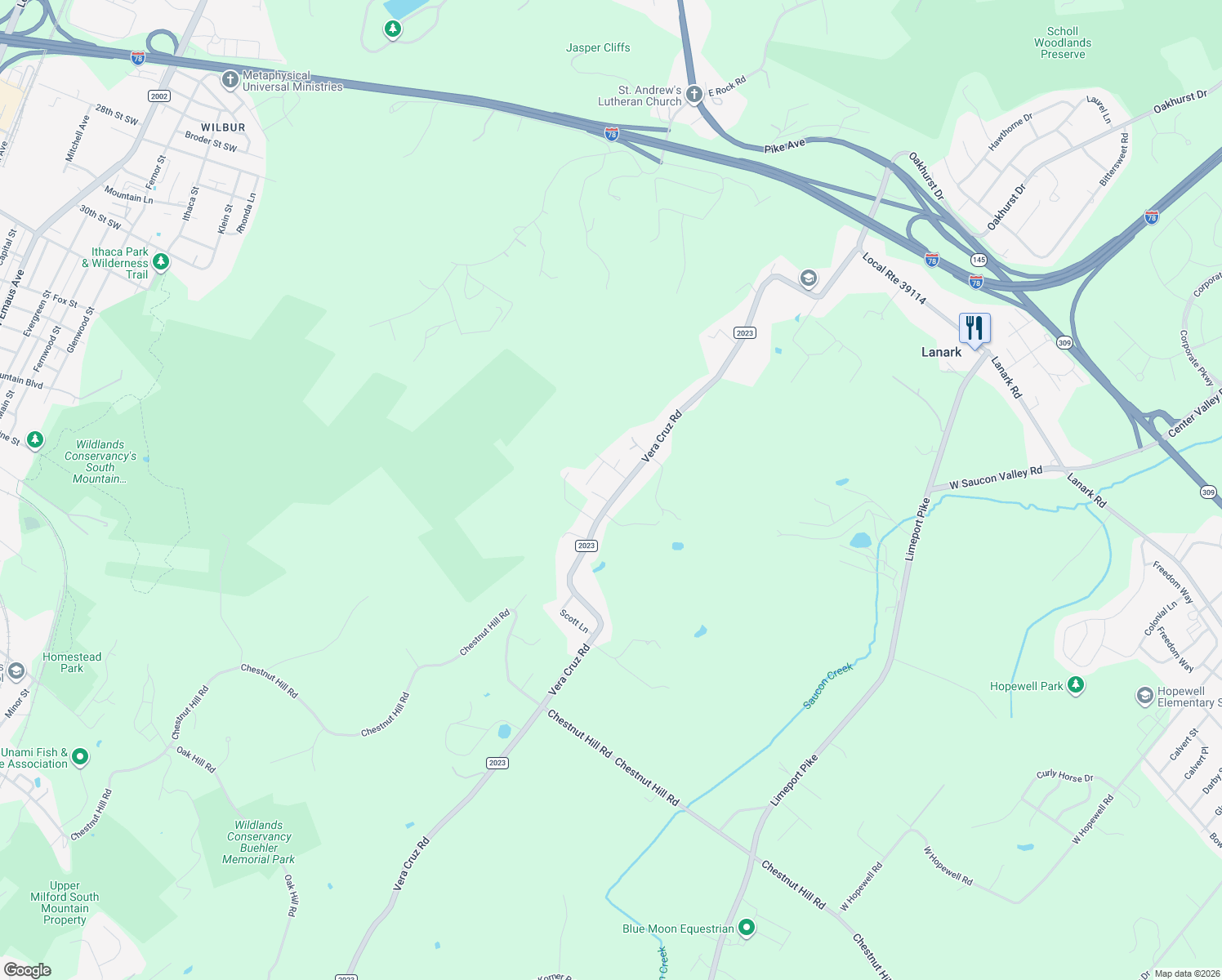 map of restaurants, bars, coffee shops, grocery stores, and more near 5193 Vera Cruz Road in Lehigh County