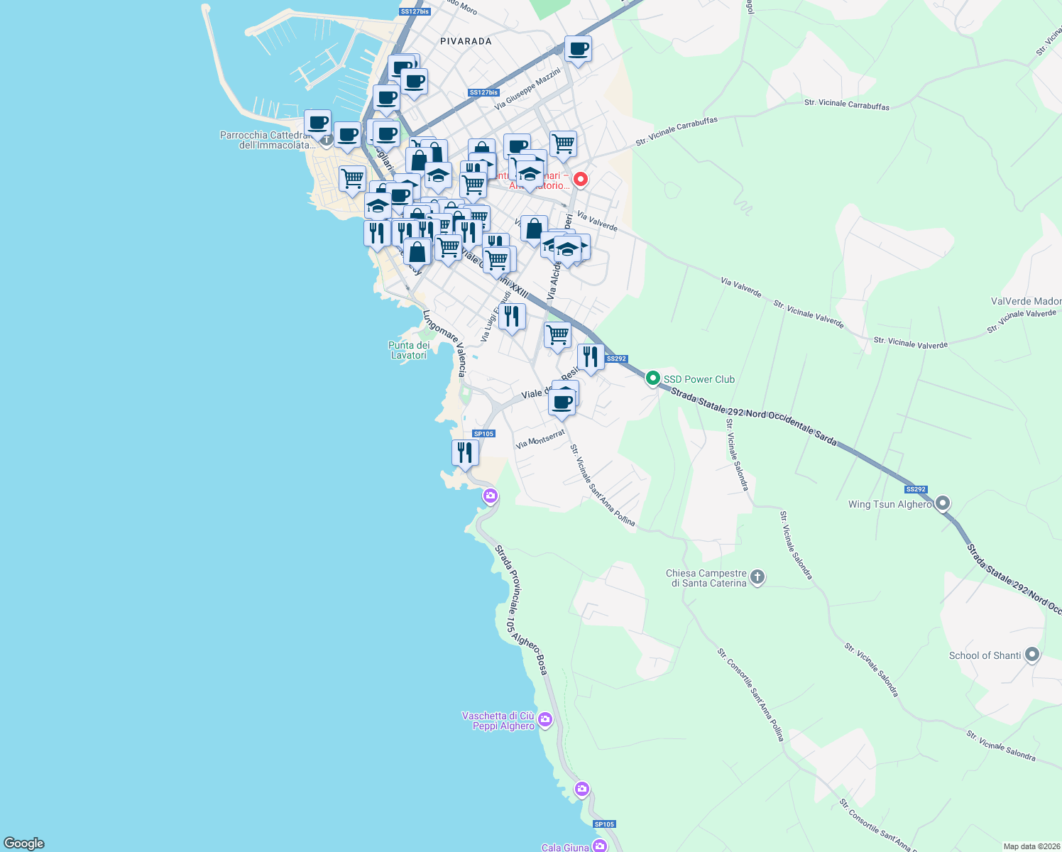 map of restaurants, bars, coffee shops, grocery stores, and more near 19 Via Villa Franca de Penedès in Alghero