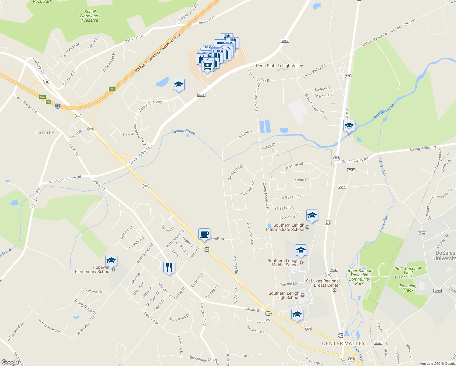 map of restaurants, bars, coffee shops, grocery stores, and more near 3551 Stonegate Drive in Lehigh County