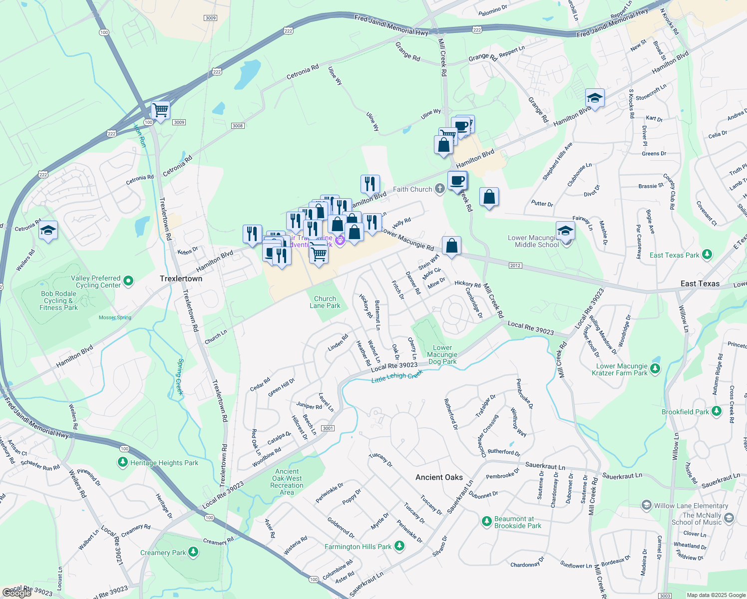 map of restaurants, bars, coffee shops, grocery stores, and more near 1334 Butternut Ln in Macungie