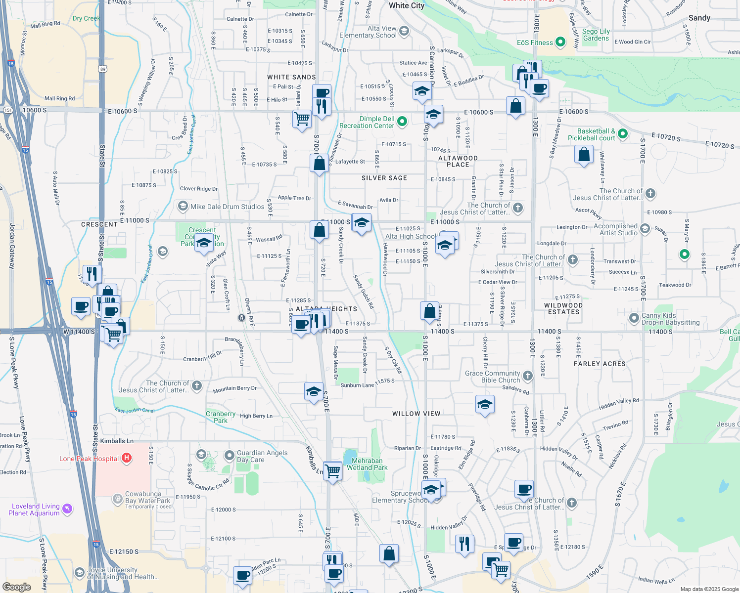 map of restaurants, bars, coffee shops, grocery stores, and more near 11275 Sandy Gulch Road in Sandy