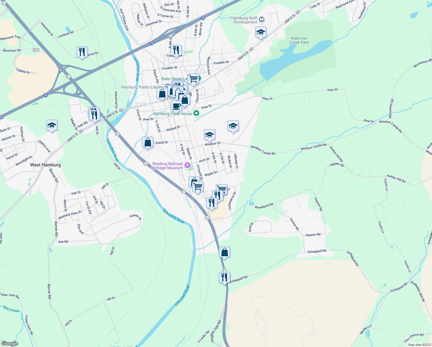 map of restaurants, bars, coffee shops, grocery stores, and more near 600 S 6th St in Hamburg