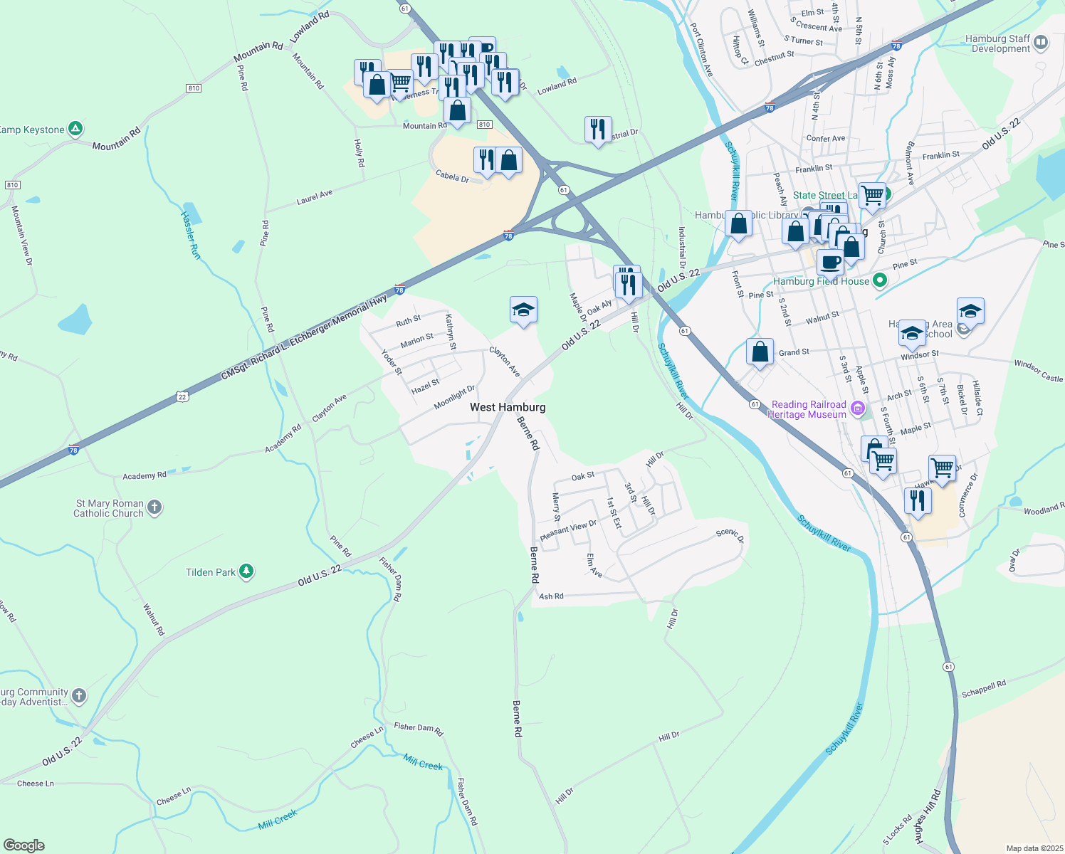 map of restaurants, bars, coffee shops, grocery stores, and more near 21 Berne Road in Hamburg