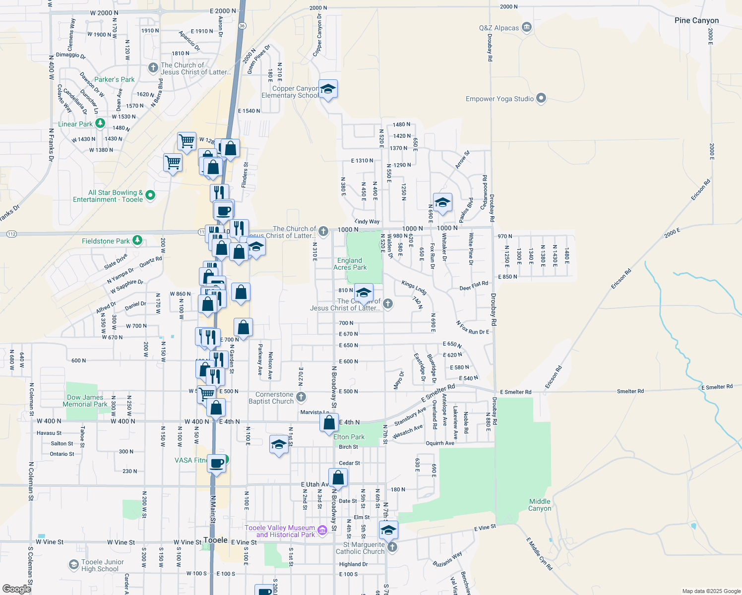 map of restaurants, bars, coffee shops, grocery stores, and more near 483 East 770 North in Tooele