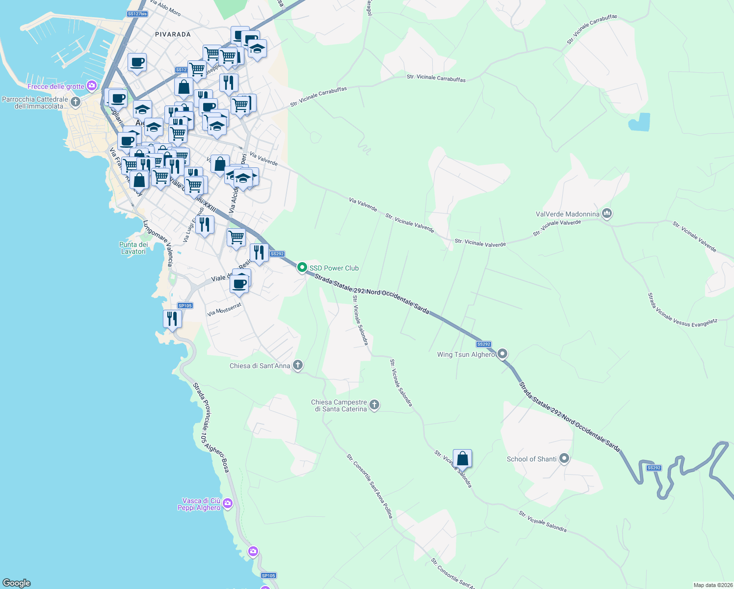 map of restaurants, bars, coffee shops, grocery stores, and more near 9 Strada Statale 292 Nord Occidentale Sarda in Città metropolitana di Sassari