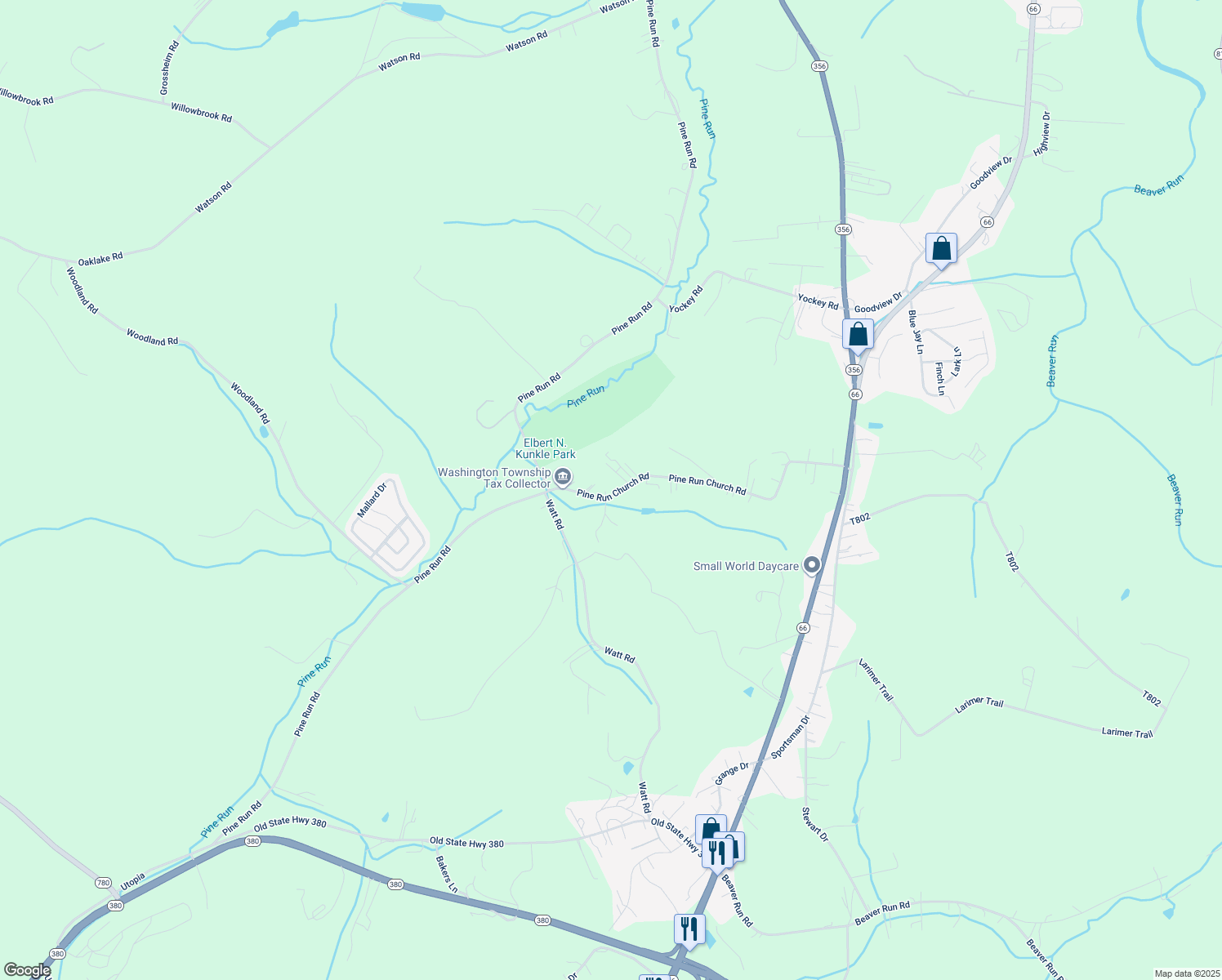 map of restaurants, bars, coffee shops, grocery stores, and more near 249 Pine Run Church Road in Apollo