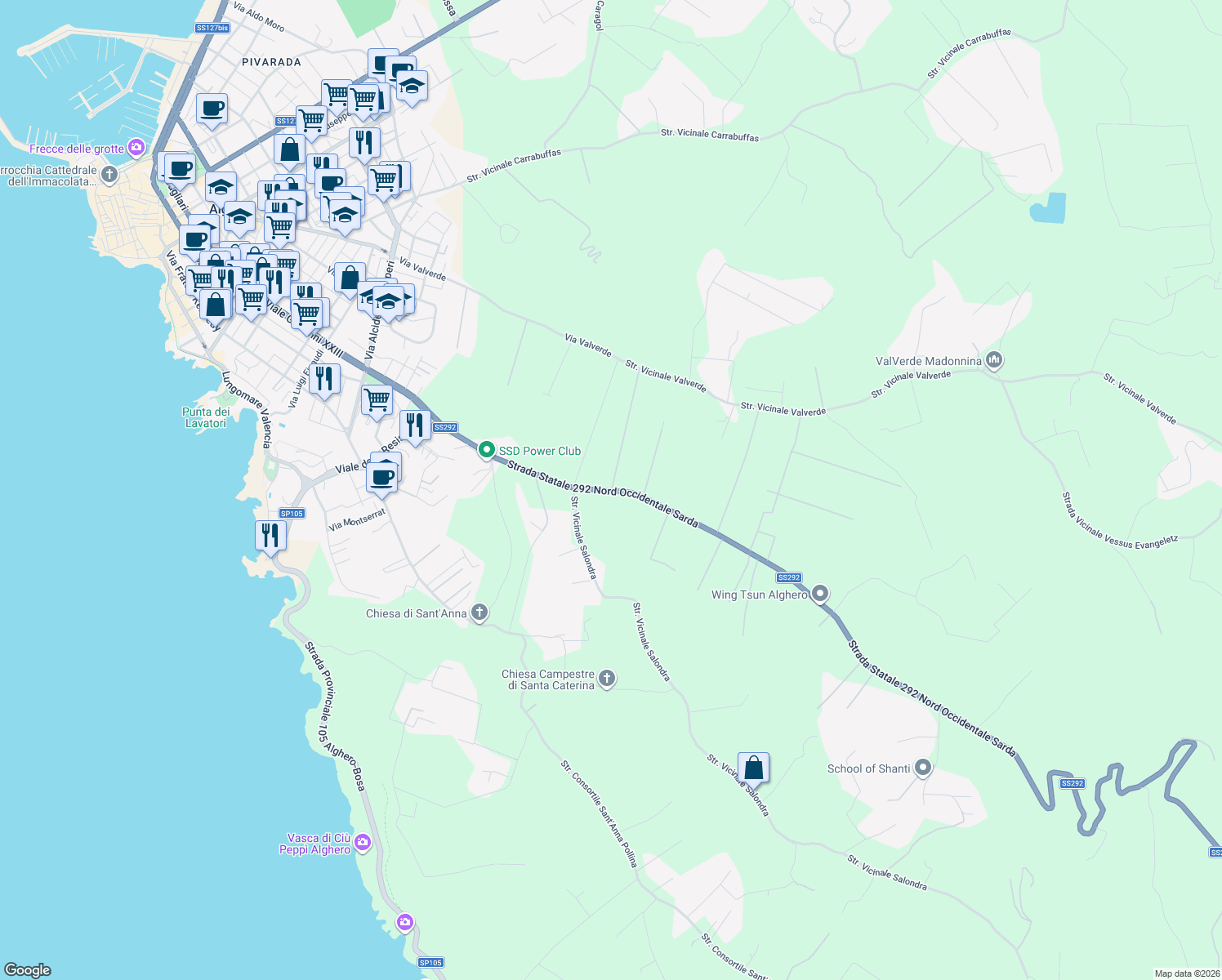 map of restaurants, bars, coffee shops, grocery stores, and more near 9 Strada Statale 292 Nord Occidentale Sarda in Città metropolitana di Sassari