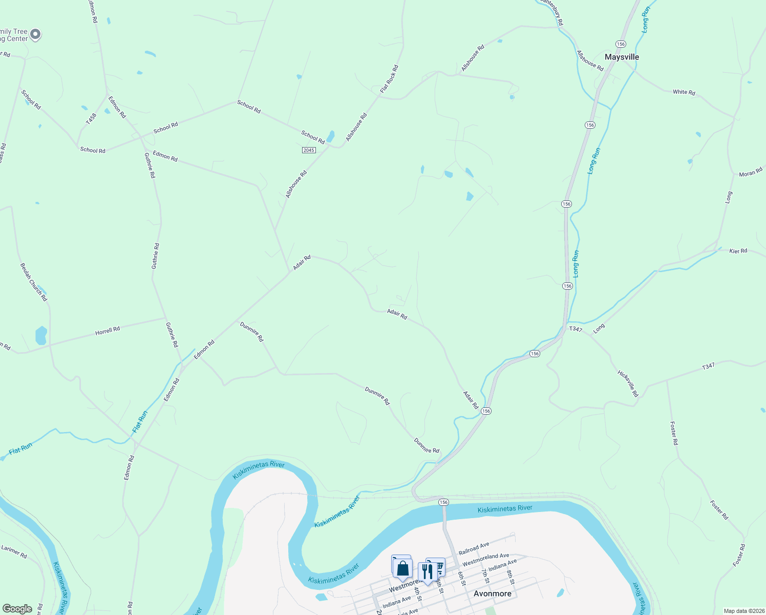 map of restaurants, bars, coffee shops, grocery stores, and more near 250 Adair Road in Avonmore