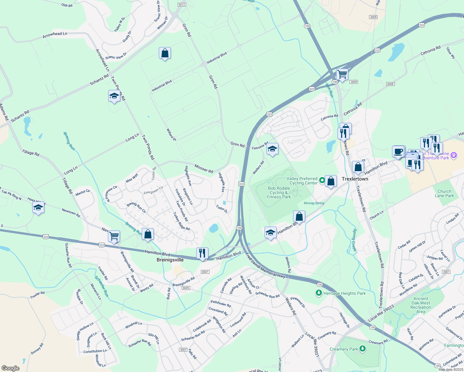 map of restaurants, bars, coffee shops, grocery stores, and more near 1052 King Way in Breinigsville