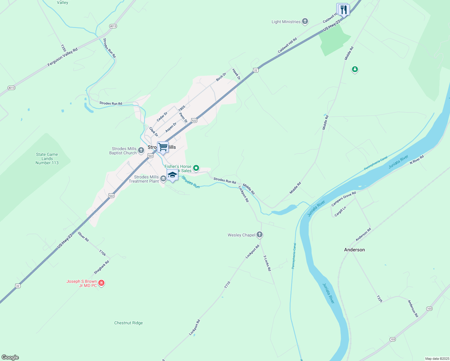 map of restaurants, bars, coffee shops, grocery stores, and more near 331 Strodes Run Road in Lewistown