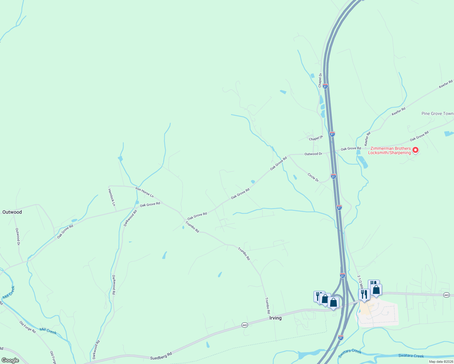 map of restaurants, bars, coffee shops, grocery stores, and more near 36 Pine Heights Drive in Pine Grove