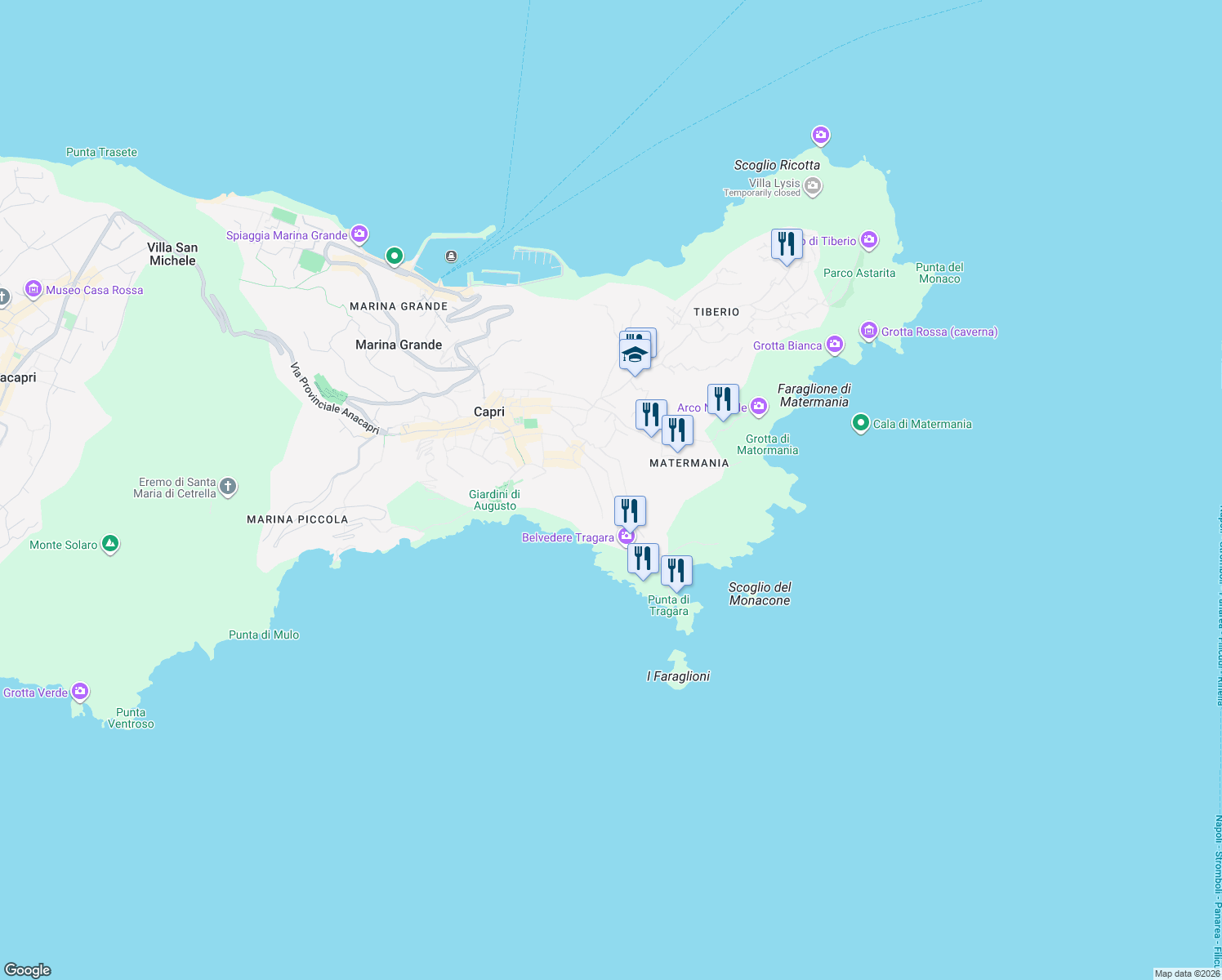 map of restaurants, bars, coffee shops, grocery stores, and more near 17A Via Tuoro in Capri