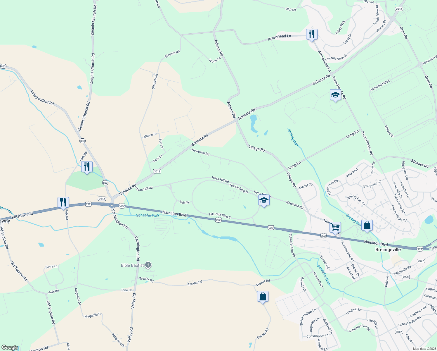 map of restaurants, bars, coffee shops, grocery stores, and more near 9815 Haas Hill Road in Breinigsville