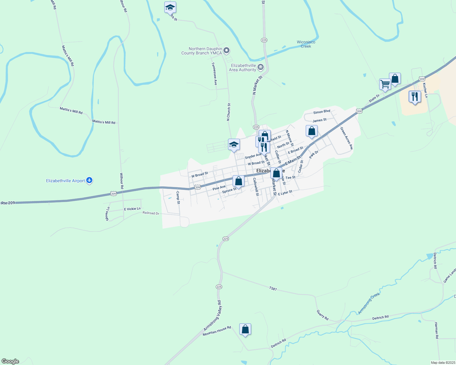 map of restaurants, bars, coffee shops, grocery stores, and more near 240 West Main Street in Elizabethville