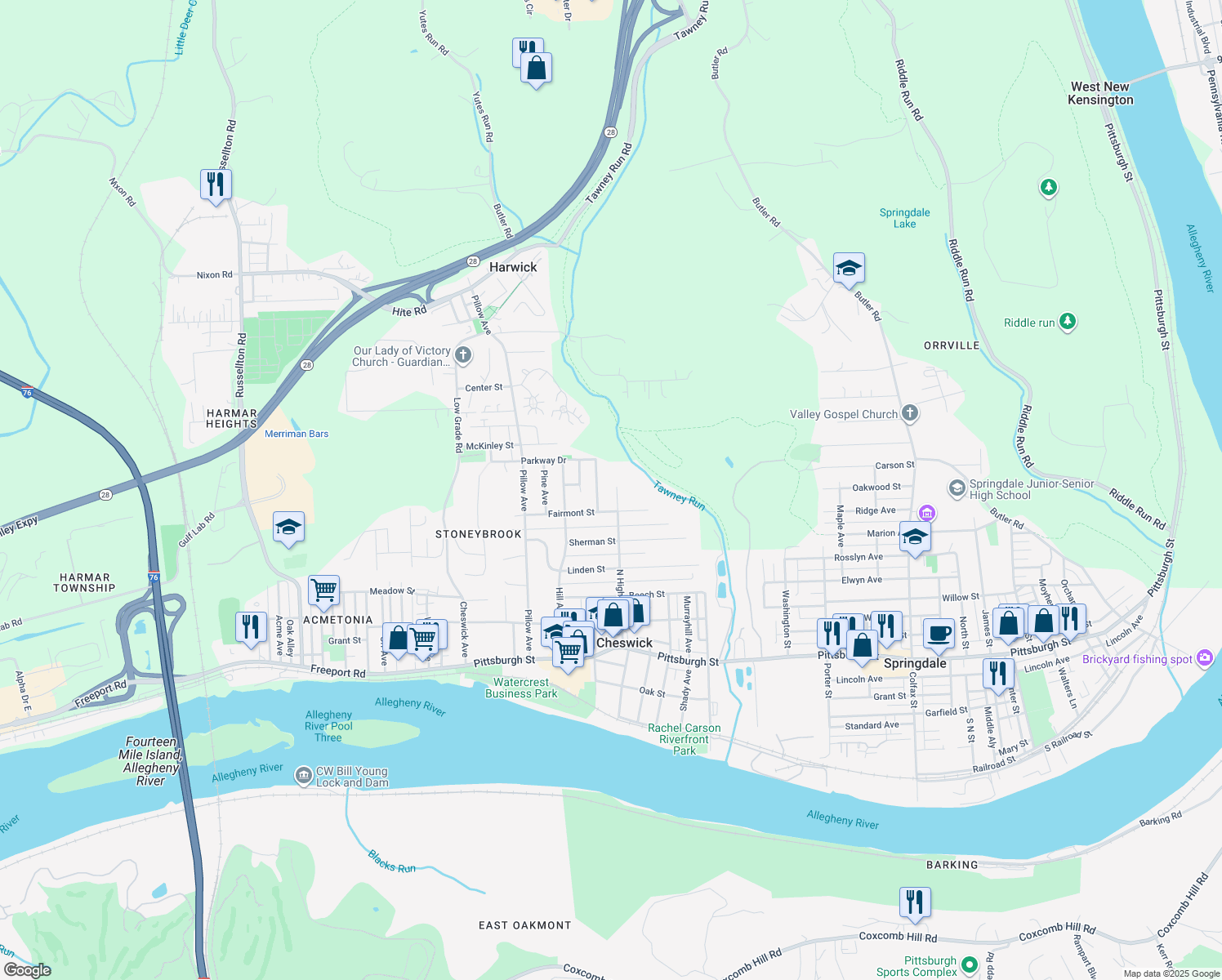 map of restaurants, bars, coffee shops, grocery stores, and more near 605 N Highland Ave in Cheswick