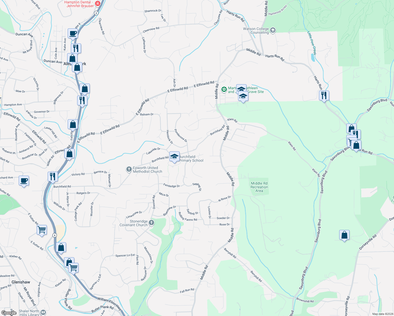 map of restaurants, bars, coffee shops, grocery stores, and more near 1606 Sapling Drive in Allegheny County