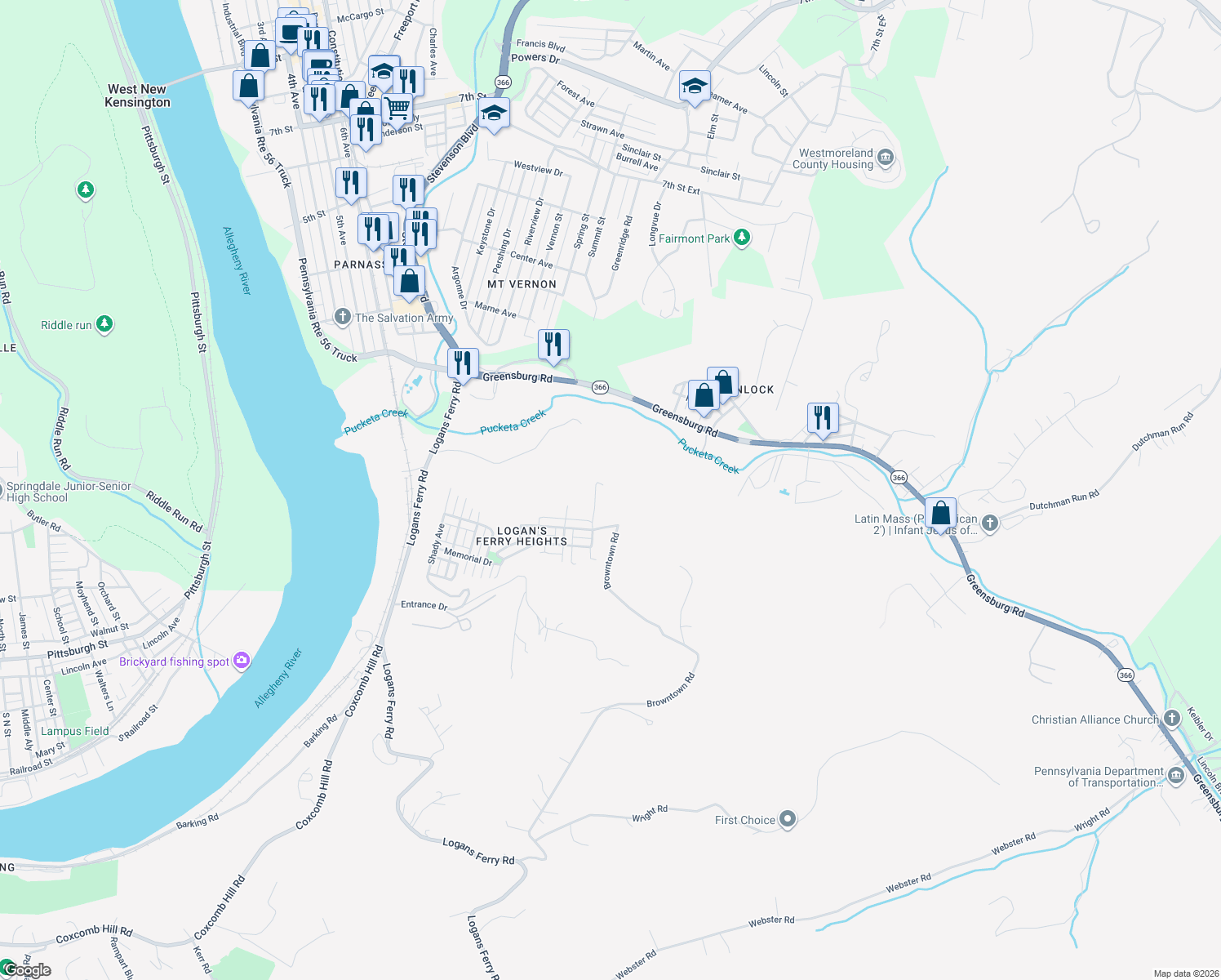 map of restaurants, bars, coffee shops, grocery stores, and more near 201 Strong Hill Road in New Kensington