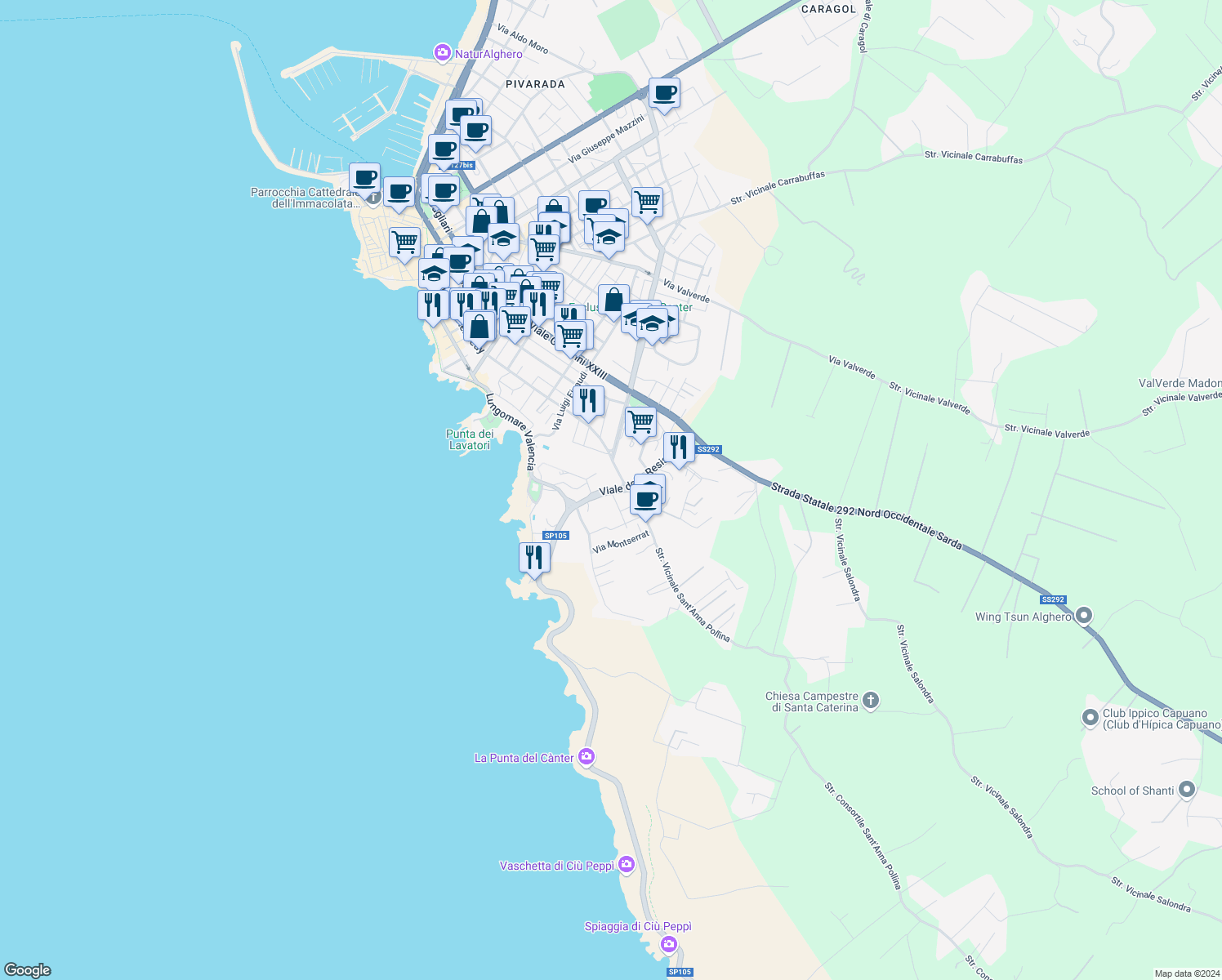 map of restaurants, bars, coffee shops, grocery stores, and more near 21 Viale della Resistenza in Alghero
