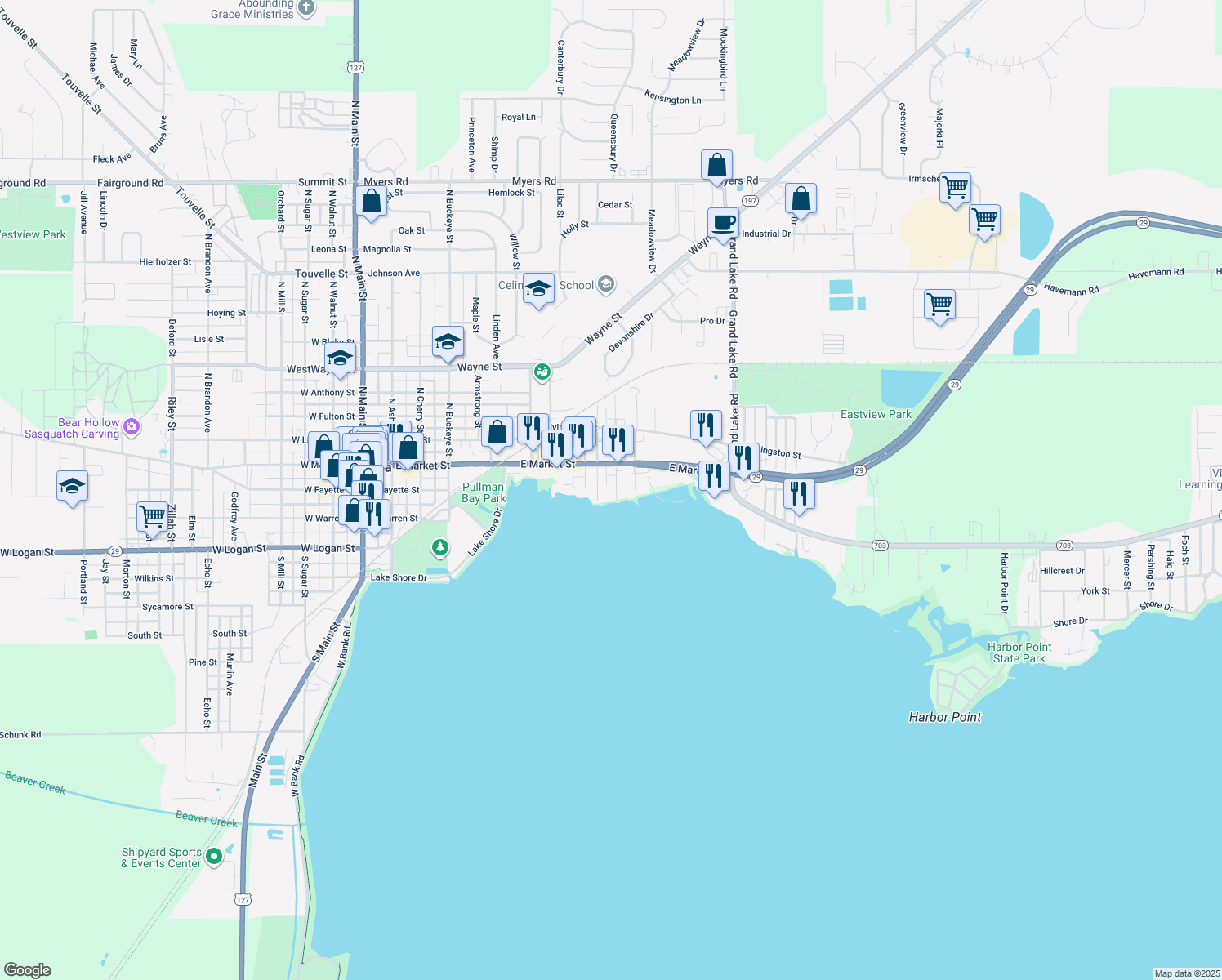 map of restaurants, bars, coffee shops, grocery stores, and more near 127 S Leblond St in Celina