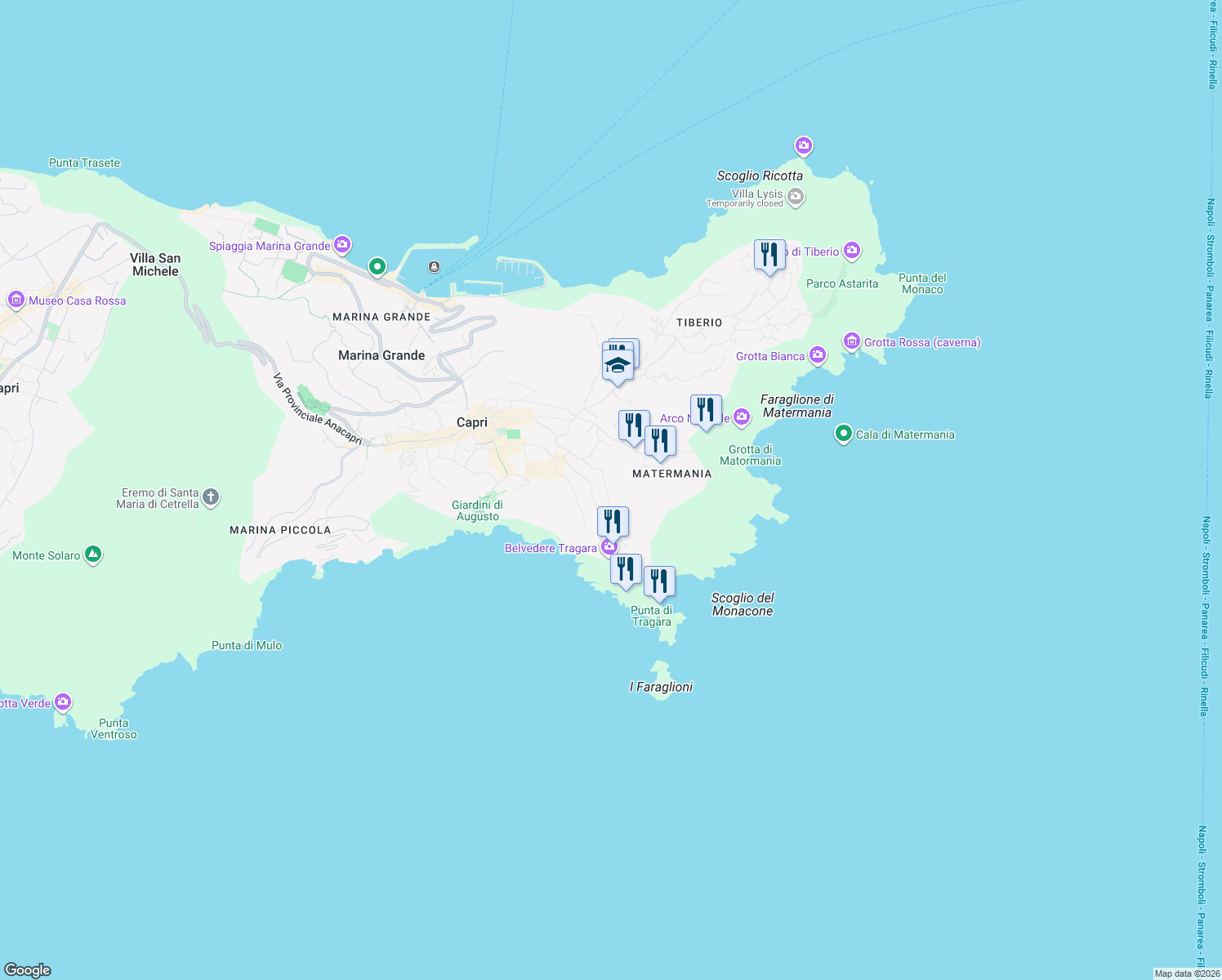 map of restaurants, bars, coffee shops, grocery stores, and more near 17 Via Tuoro in Capri