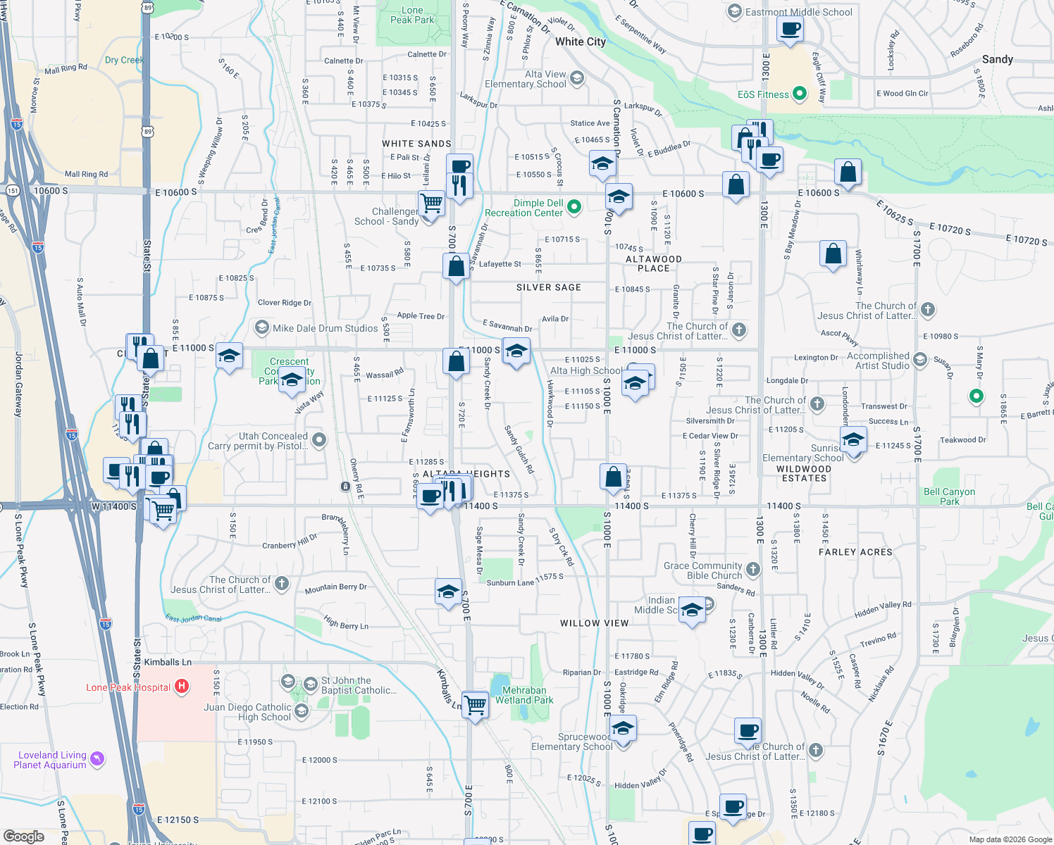 map of restaurants, bars, coffee shops, grocery stores, and more near 852 East Dusty Rock Place in Sandy