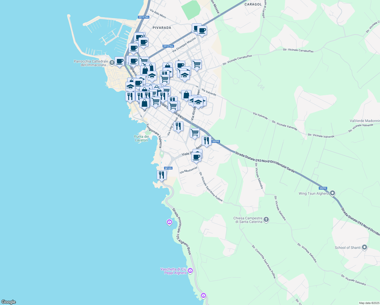 map of restaurants, bars, coffee shops, grocery stores, and more near 39-41 Viale della Resistenza in Alghero