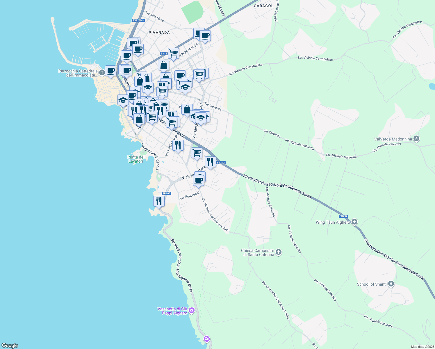 map of restaurants, bars, coffee shops, grocery stores, and more near 9 Via Emilio Lussu in Alghero