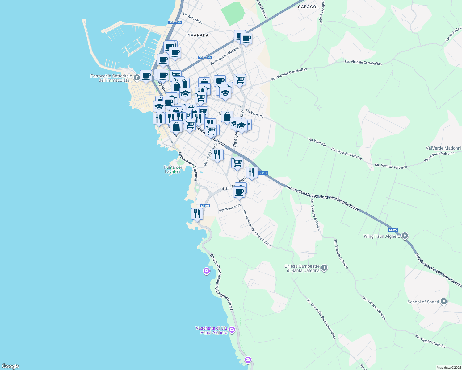map of restaurants, bars, coffee shops, grocery stores, and more near 39-41 Viale della Resistenza in Alghero