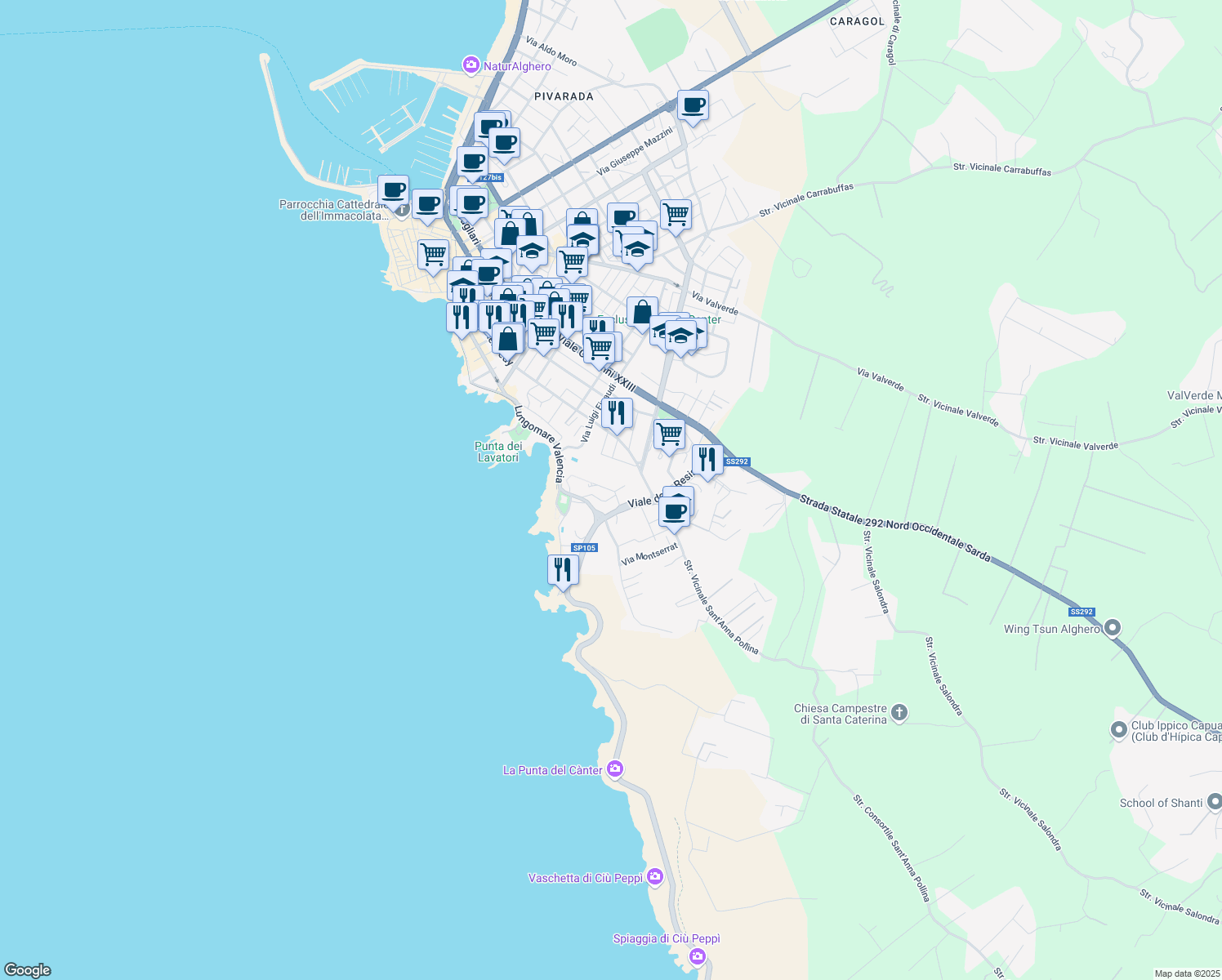 map of restaurants, bars, coffee shops, grocery stores, and more near 2 Via Santa Imbenia in Alghero
