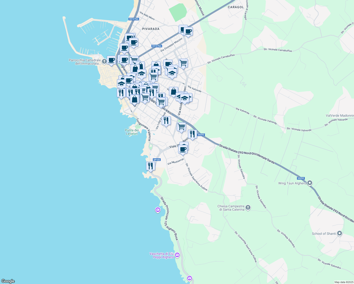 map of restaurants, bars, coffee shops, grocery stores, and more near 41 Viale della Resistenza in Alghero