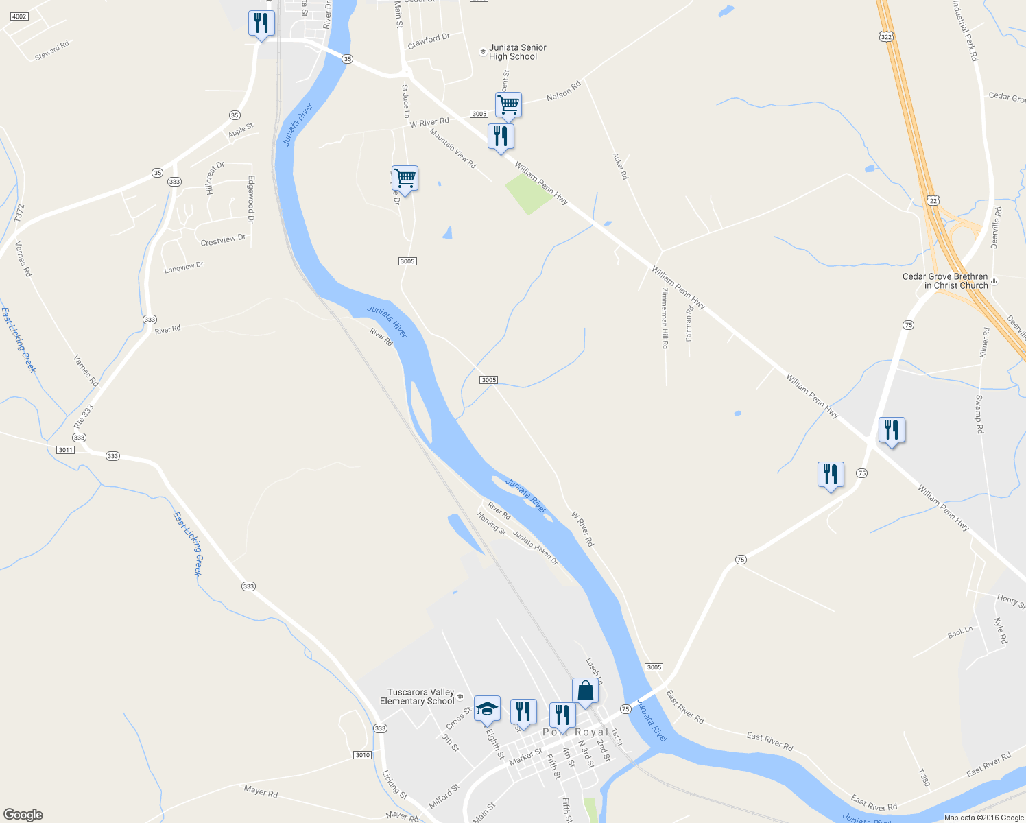 map of restaurants, bars, coffee shops, grocery stores, and more near West River Road in Mifflintown