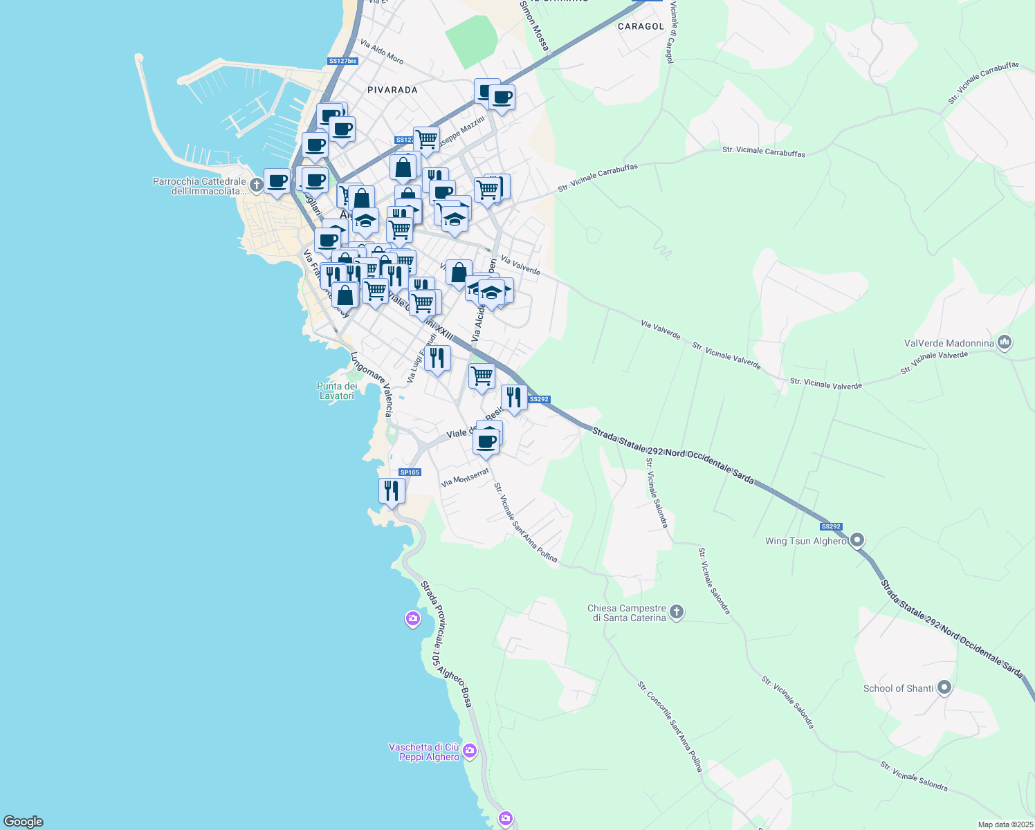 map of restaurants, bars, coffee shops, grocery stores, and more near 9 Via Emilio Lussu in Alghero