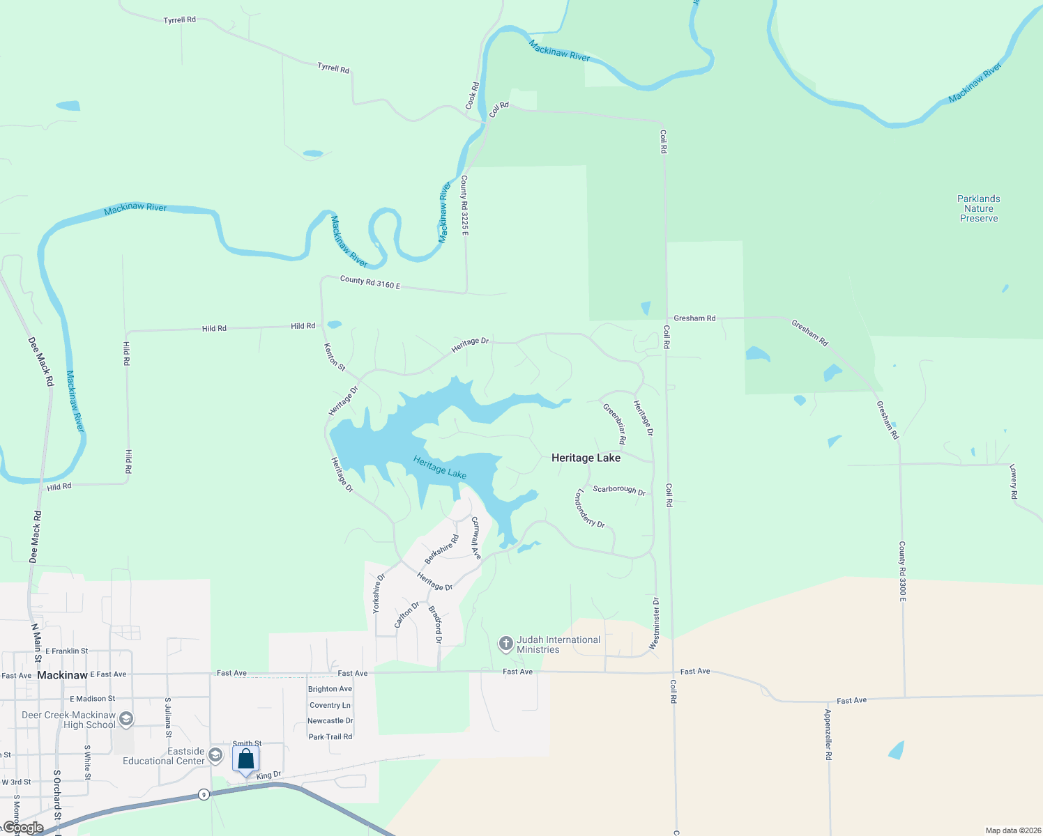 map of restaurants, bars, coffee shops, grocery stores, and more near 27 Brandy Lane in Mackinaw