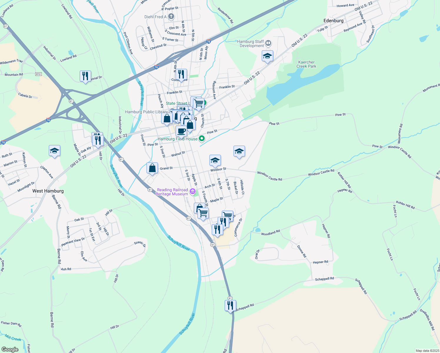 map of restaurants, bars, coffee shops, grocery stores, and more near 411 S 6th St in Hamburg