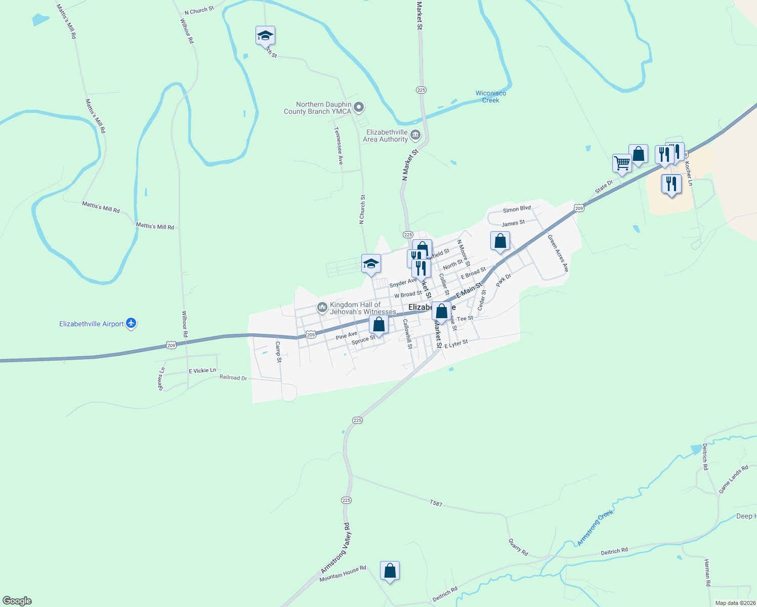 map of restaurants, bars, coffee shops, grocery stores, and more near 148 W Broad St in Elizabethville