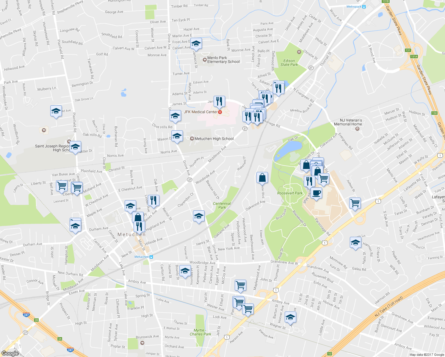 map of restaurants, bars, coffee shops, grocery stores, and more near 26 Lexington Drive in Metuchen