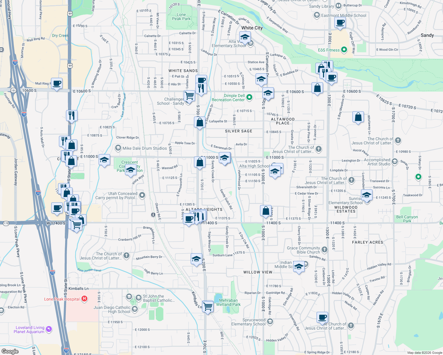 map of restaurants, bars, coffee shops, grocery stores, and more near 807 East Dusty Rock Circle in Sandy
